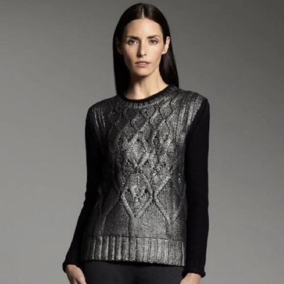 Narciso Rodriguez Black Cotton Silver Painted Cable Knit Sweater - Large - Picture 1 of 6
